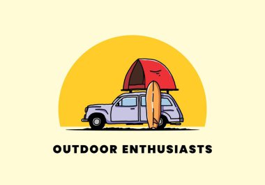 Üzerinde çatı çadırı ve sörf tahtası olan bir arabanın tasarımı.