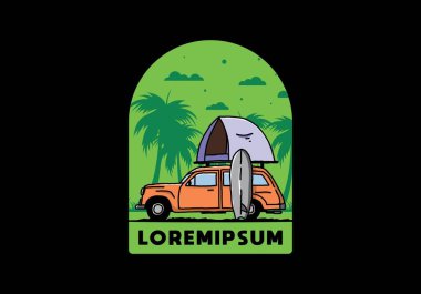 Üzerinde çatı çadırı ve sörf tahtası olan bir arabanın tasarımı.