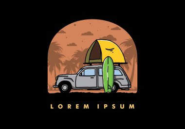 Üzerinde çatı çadırı ve sörf tahtası olan bir arabanın tasarımı.