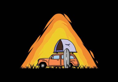 Üzerinde çatı çadırı ve sörf tahtası olan bir arabanın tasarımı.