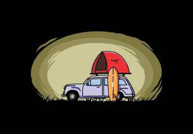 Üzerinde çatı çadırı ve sörf tahtası olan bir arabanın tasarımı.