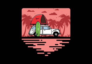 Illustration design of car with a roof tent and a surfboard on the side