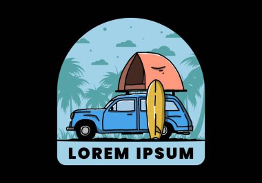 Üzerinde çatı çadırı ve sörf tahtası olan bir arabanın tasarımı.