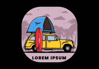 Üzerinde çatı çadırı ve sörf tahtası olan bir arabanın tasarımı.