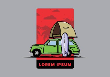 Üzerinde çatı çadırı ve sörf tahtası olan bir arabanın tasarımı.