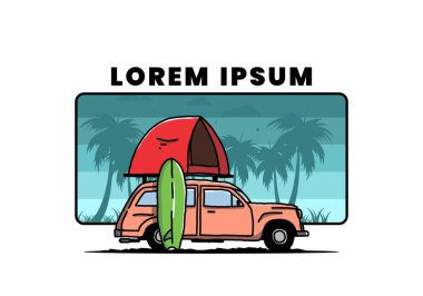 Üzerinde çatı çadırı ve sörf tahtası olan bir arabanın tasarımı.