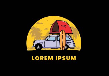 Üzerinde çatı çadırı ve sörf tahtası olan bir arabanın tasarımı.