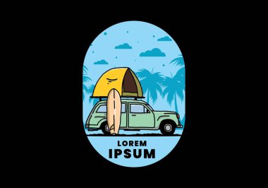 Üzerinde çatı çadırı ve sörf tahtası olan bir arabanın tasarımı.