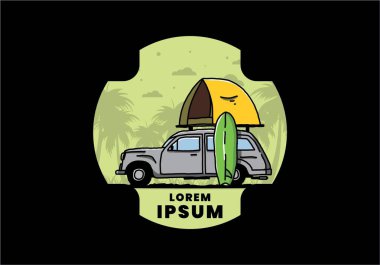 Üzerinde çatı çadırı ve sörf tahtası olan bir arabanın tasarımı.