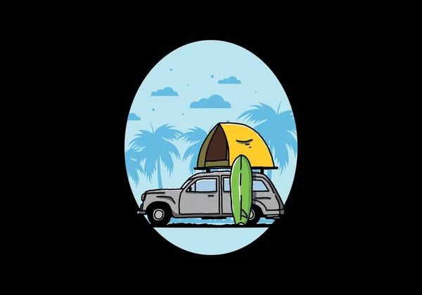 Illustration Voiture Avec Une Tente Toit Une Planche Surf Sur — Image vectorielle