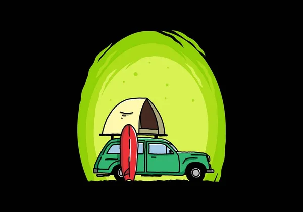 Projekt Ilustracyjny Samochodu Namiotem Dachowym Deską Surfingową Boku — Wektor stockowy