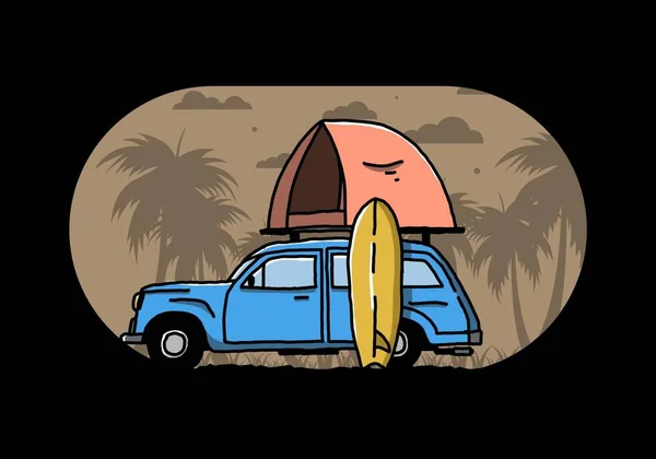 Illustration Design Car Roof Tent Surfboard Side — Stockvektor