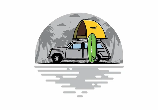 屋根のテントと側面のサーフボードを持つ車のイラストデザイン — ストックベクタ