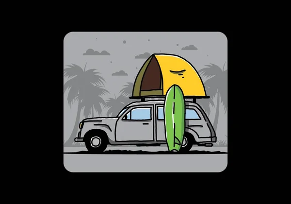 Illustration Design Car Roof Tent Surfboard Side – stockvektor
