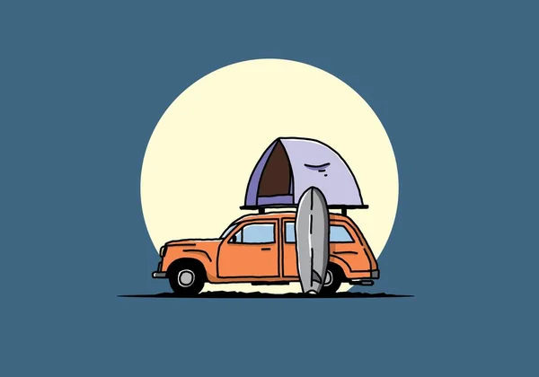 Illustration Design Car Roof Tent Surfboard Side — Stockvektor