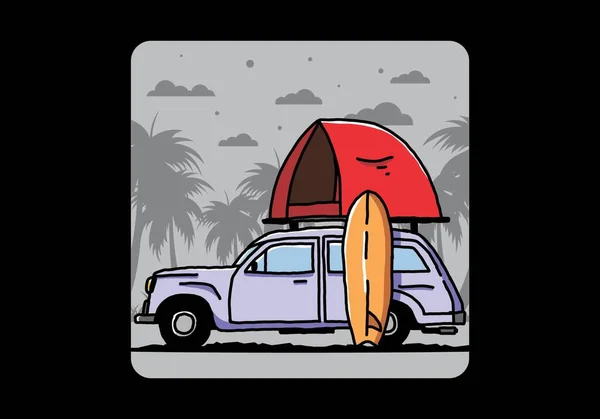 Illustration Design Car Roof Tent Surfboard Side — Vector de stock