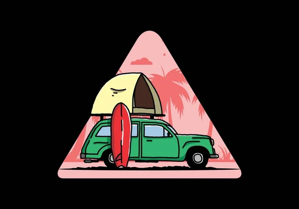 Illustration Design Car Roof Tent Surfboard Side — ストックベクタ
