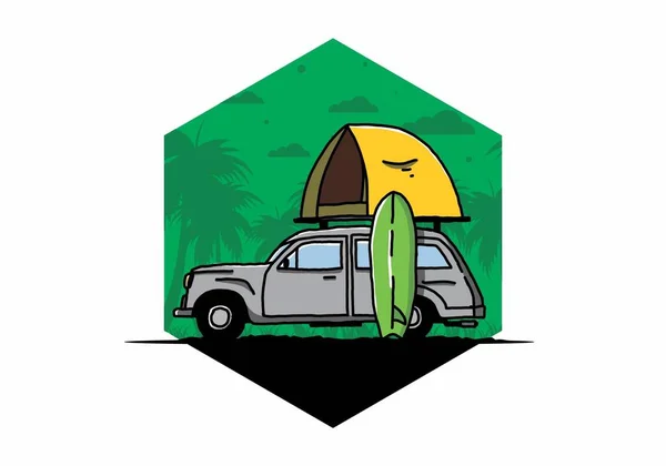 Illustration Design Car Roof Tent Surfboard Side — Image vectorielle