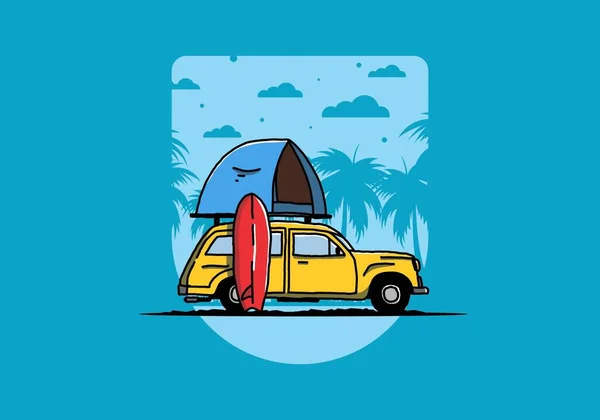 Illustration Design Car Roof Tent Surfboard Side — стоковый вектор