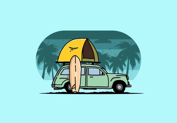 Ilustración Diseño Coche Con Una Carpa Techo Una Tabla Surf — Vector de stock