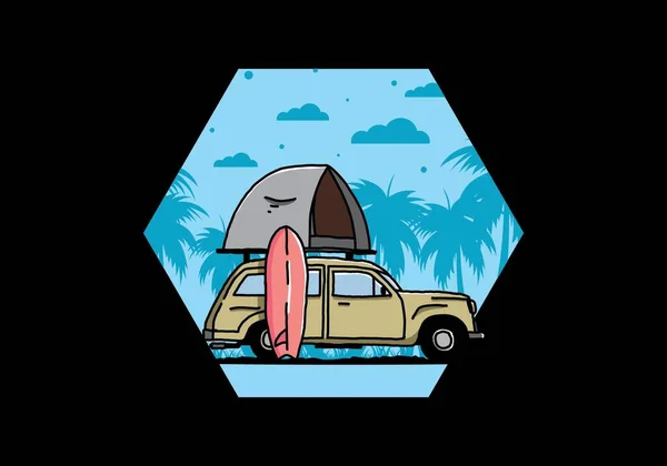 屋根のテントと側面のサーフボードを持つ車のイラストデザイン — ストックベクタ