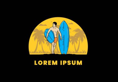 Sörf tahtası çizim tasarımı tutan üstsüz adam.