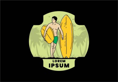 Sörf tahtası çizim tasarımı tutan üstsüz adam.