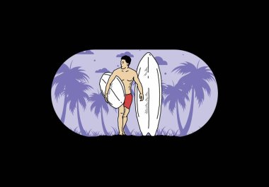 Sörf tahtası çizim tasarımı tutan üstsüz adam.