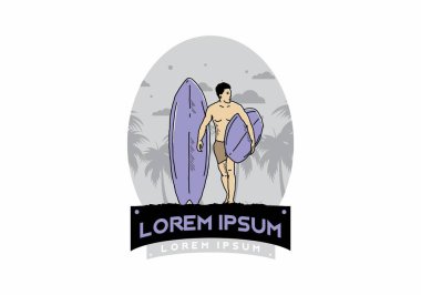 Sörf tahtası çizim tasarımı tutan üstsüz adam.