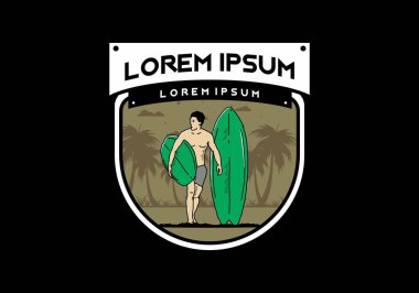 Sörf tahtası çizim tasarımı tutan üstsüz adam.