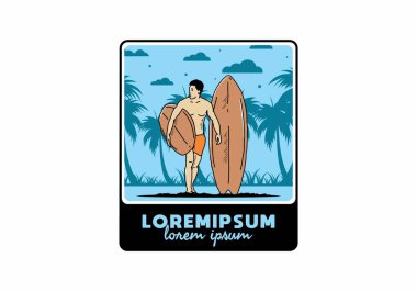 Sörf tahtası çizim tasarımı tutan üstsüz adam.