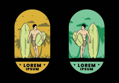 Sörf tahtası çizim tasarımı tutan üstsüz adam.