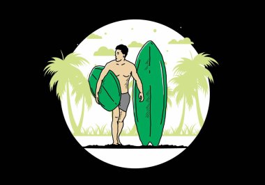 Sörf tahtası çizim tasarımı tutan üstsüz adam.