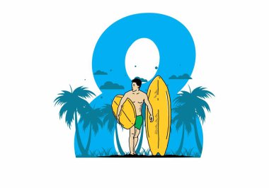 Sörf tahtası çizim tasarımı tutan üstsüz adam.