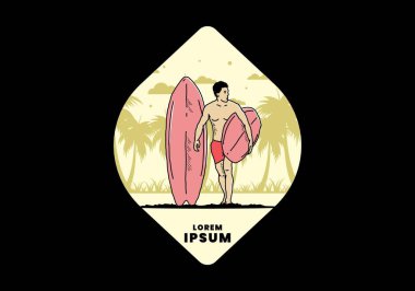 Sörf tahtası çizim tasarımı tutan üstsüz adam.