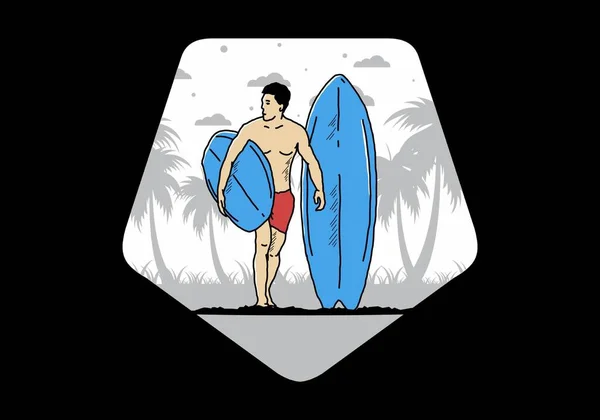 Hombre Sin Camisa Que Sostiene Diseño Ilustración Tabla Surf — Archivo Imágenes Vectoriales