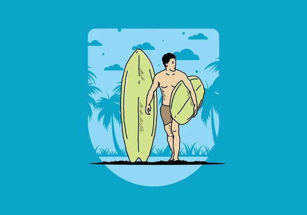 Hombre Sin Camisa Que Sostiene Diseño Ilustración Tabla Surf — Archivo Imágenes Vectoriales