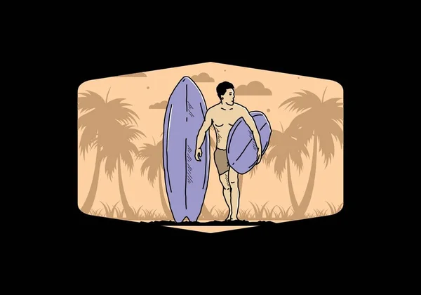 Shirtless Man Holding Surfboard Illustration Design — Stockvektor