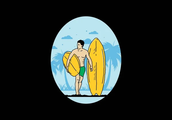 Hombre Sin Camisa Que Sostiene Diseño Ilustración Tabla Surf — Archivo Imágenes Vectoriales