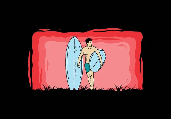 Shirtless Man Holding Surfboard Illustration Design — Stok Vektör