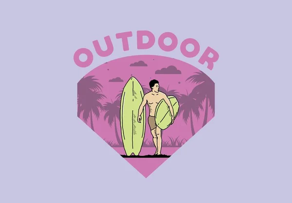 Shirtless Man Holding Surfboard Illustration Design — Stok Vektör