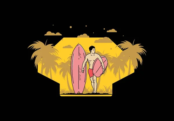 Hombre Sin Camisa Que Sostiene Diseño Ilustración Tabla Surf — Archivo Imágenes Vectoriales