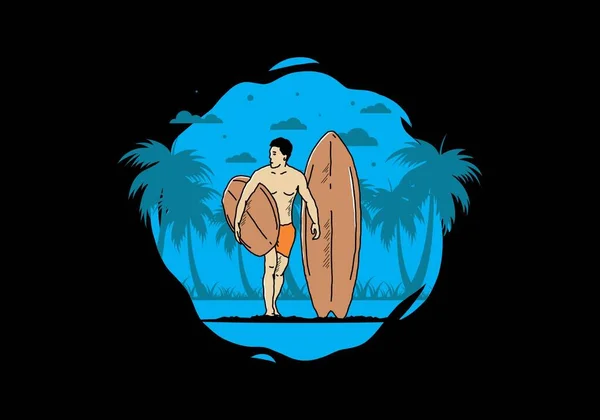 Shirtless Man Holding Surfboard Illustration Design — Stockvector