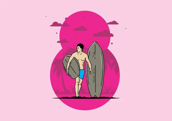 那个赤身裸体的男人拿着冲浪板图解设计 — 图库矢量图片