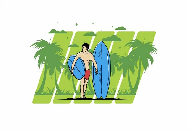 Shirtless Man Holding Surfboard Illustration Design — Stockvektor