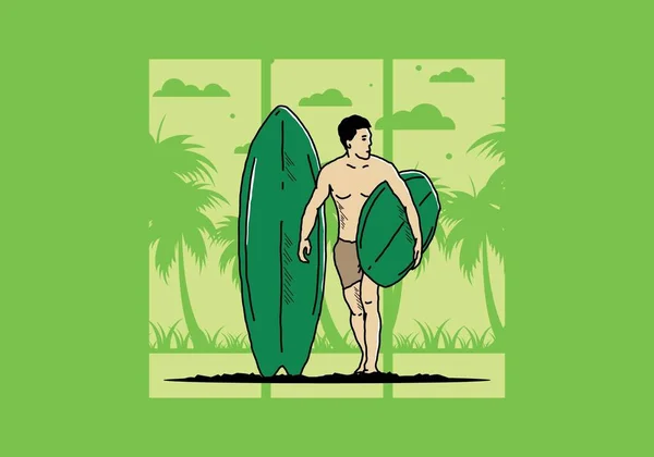 Shirtless Man Holding Surfboard Illustration Design — Stockvector