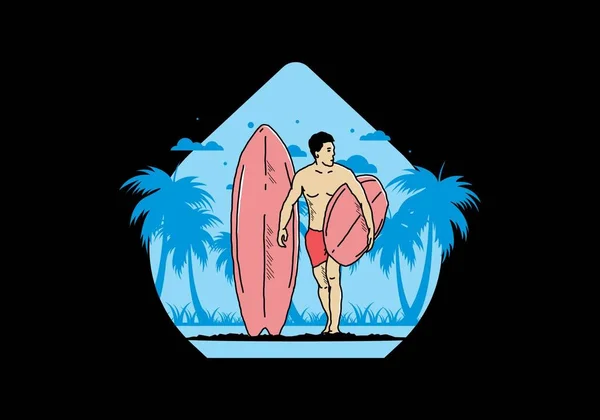 Shirtloze Man Met Surfplank Illustratie Ontwerp — Stockvector