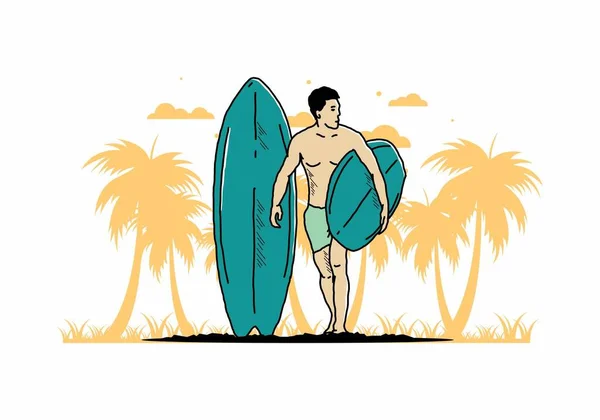 Shirtless Man Holding Surfboard Illustration Design — Vetor de Stock