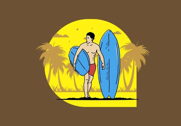 Shirtless Man Holding Surfboard Illustration Design — Stockvector