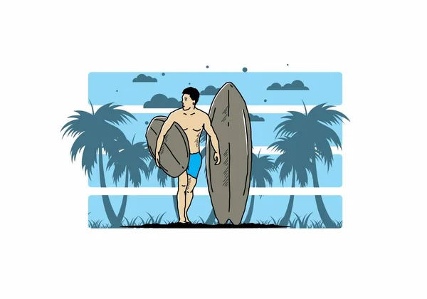 Hombre Sin Camisa Que Sostiene Diseño Ilustración Tabla Surf — Vector de stock